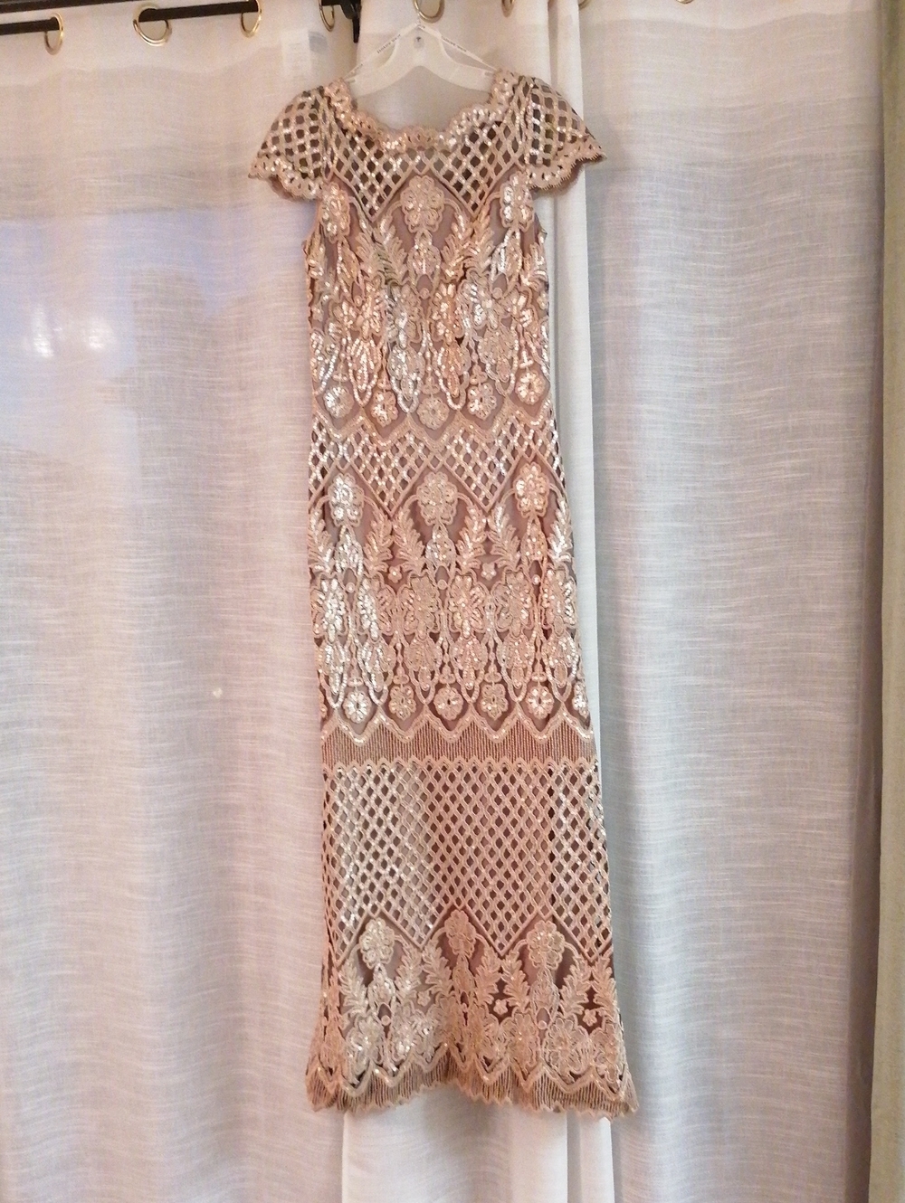 Tadashi Shoji  Beige Lace Maxi Dress with Scalloped Hem .Evening chic.